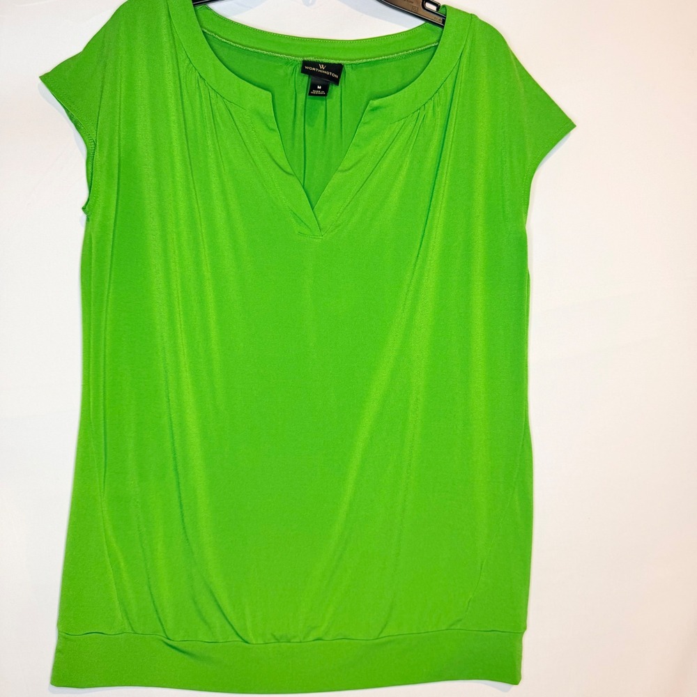 Worthington Womens Lime Green Short Sleeve Banded Hem Blouse Medium